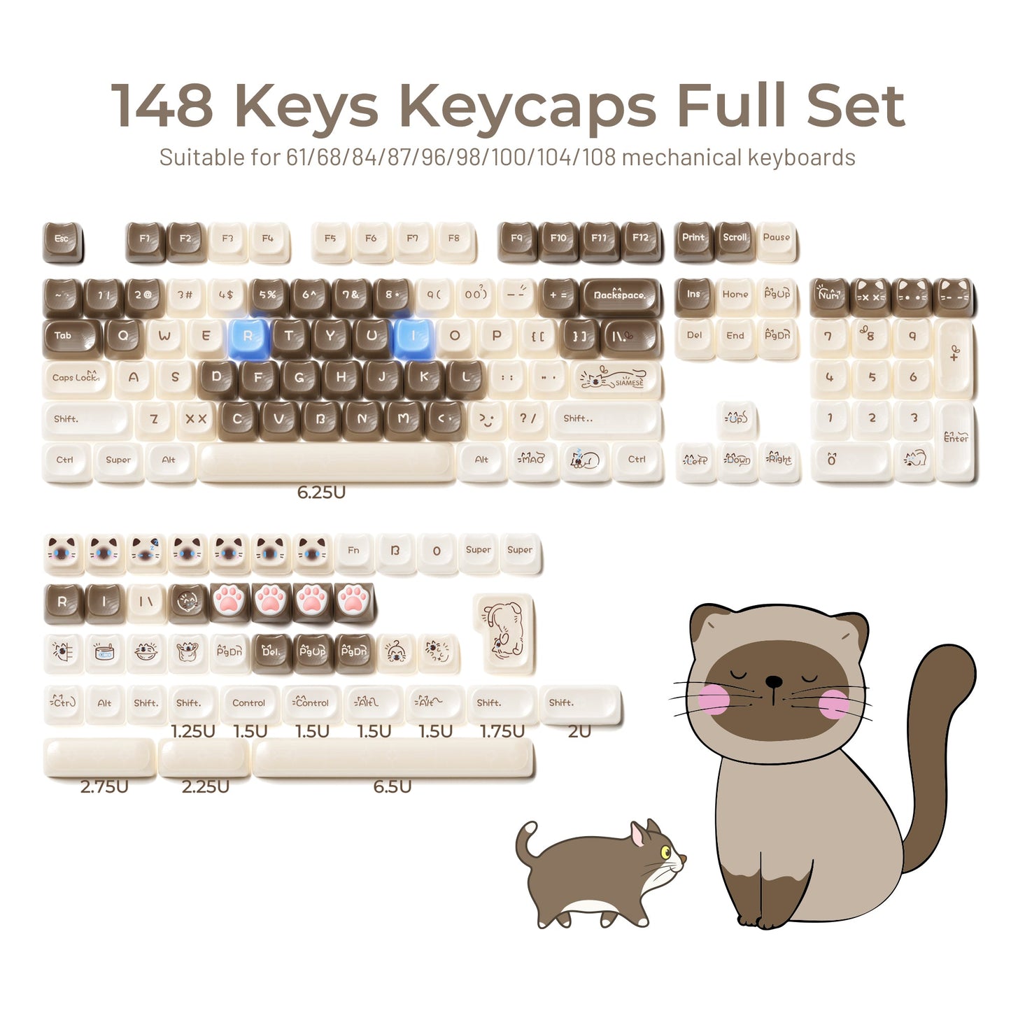 Brown and white cat-themed keycap set with cat graphics, 148 keys shown