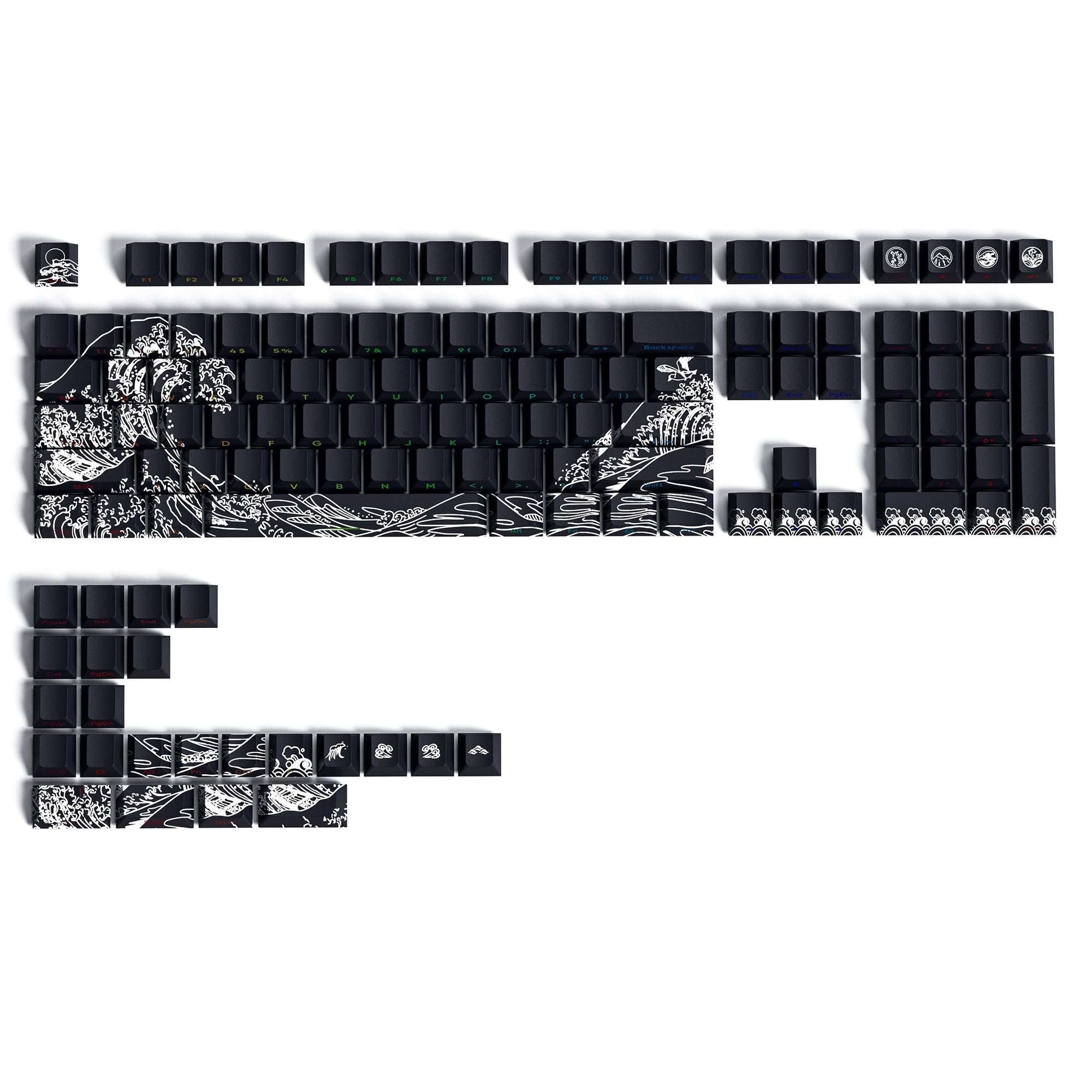 Black PBT keycap set layout with white wave design keycaps and assorted key sizes