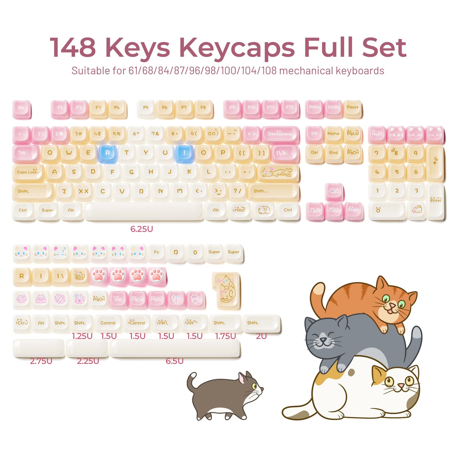 Pink and cream cat-themed 148-key keycap set with cartoon cat decals and legends