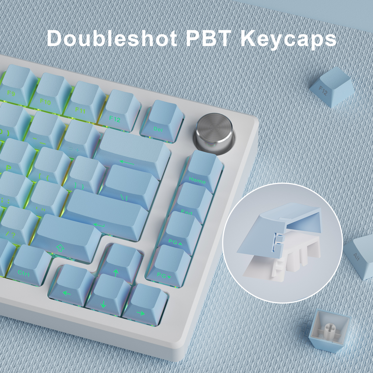 Cherry-profile PBT keycaps, light blue keys with green and blue multicolor legends