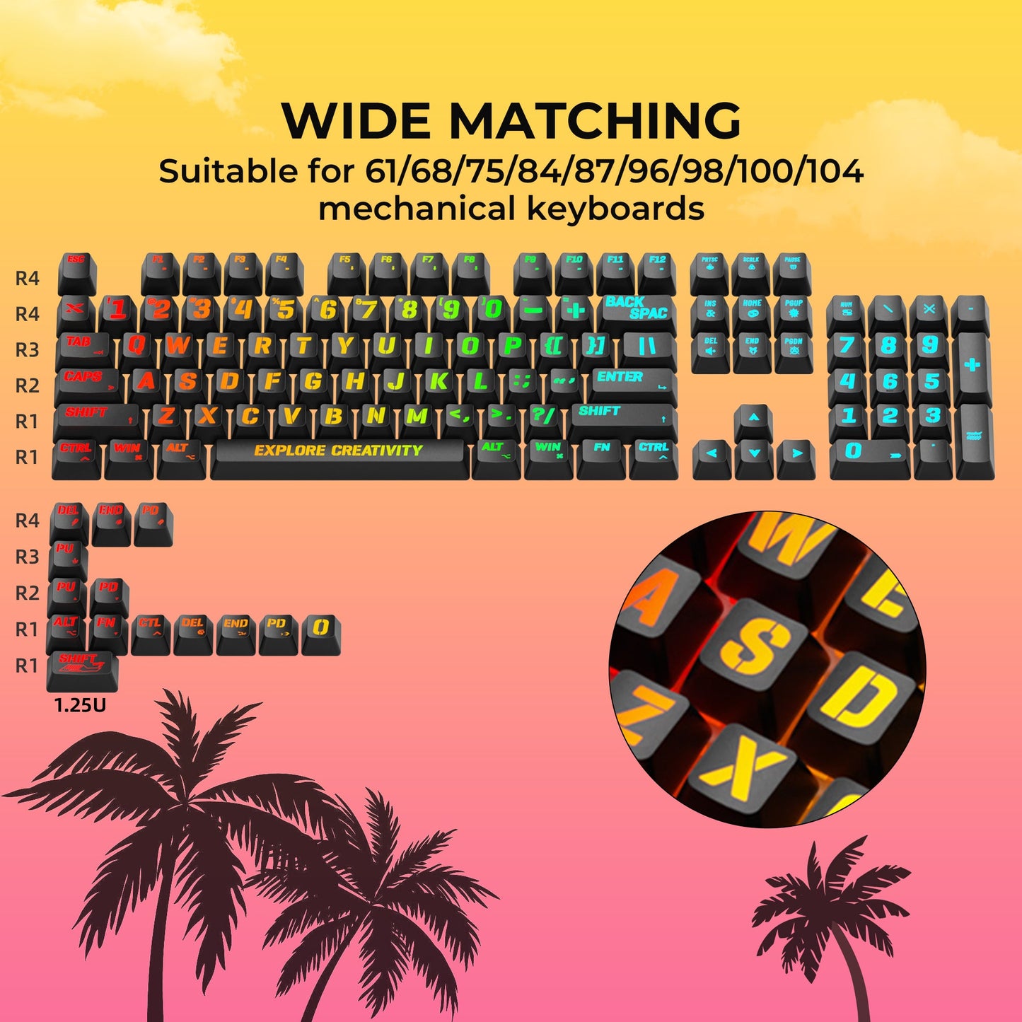Neon multicolor shine-through keycap set on black OEM keycaps for mechanical keyboards