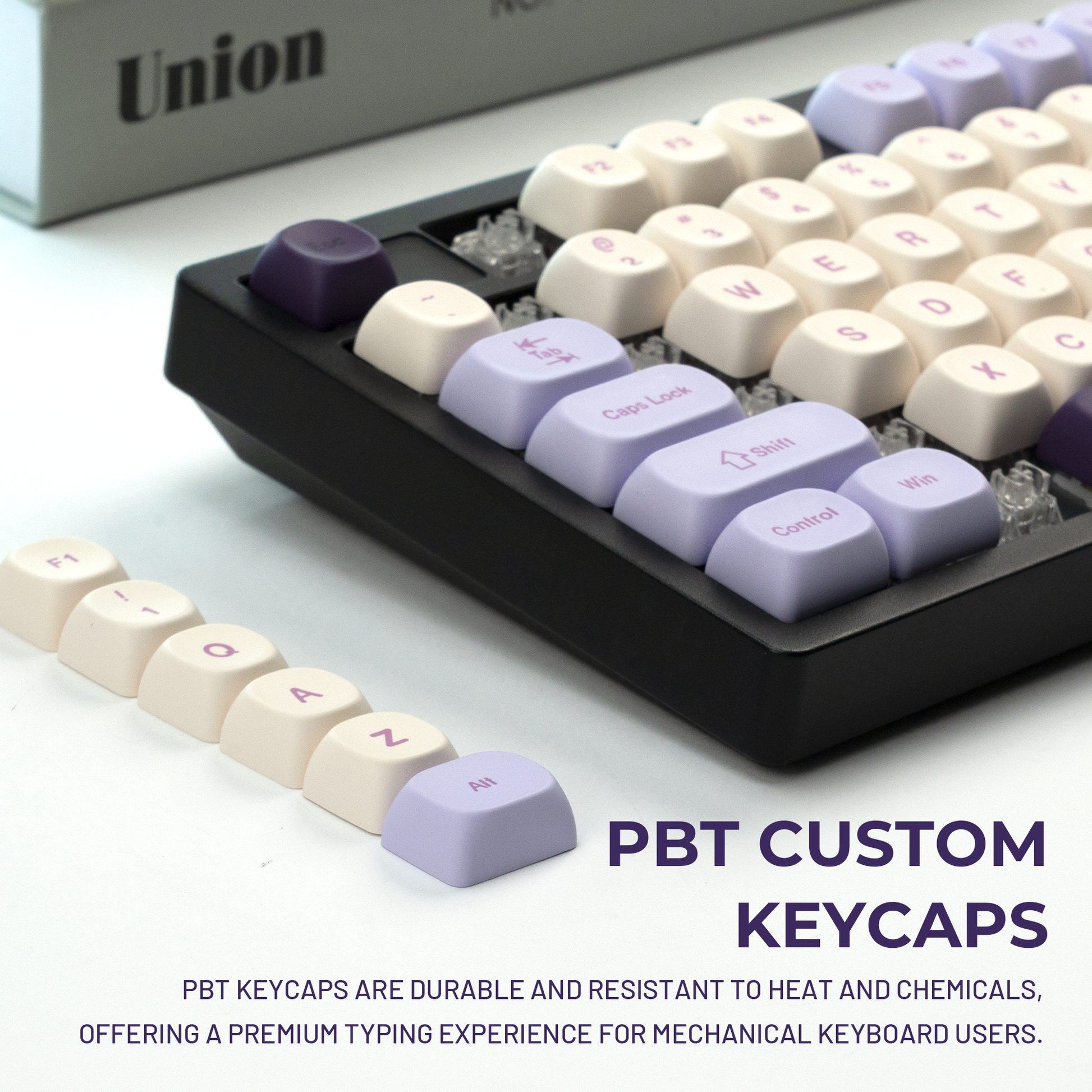 PBT keycap set with cream and lavender keys and grape-themed printed designs