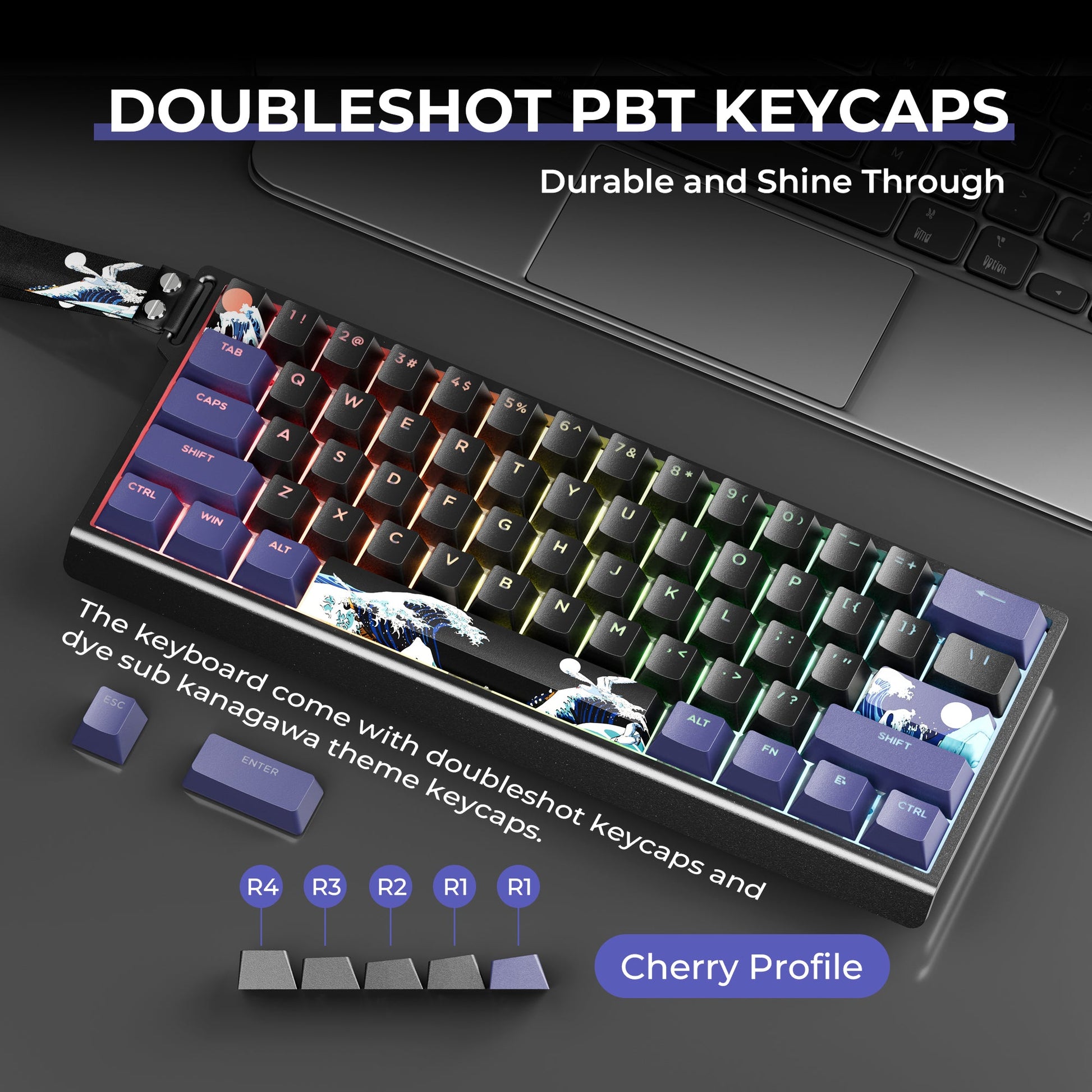 RGB mechanical keyboard with doubleshot PBT-style keycaps in blue, green, and red tones