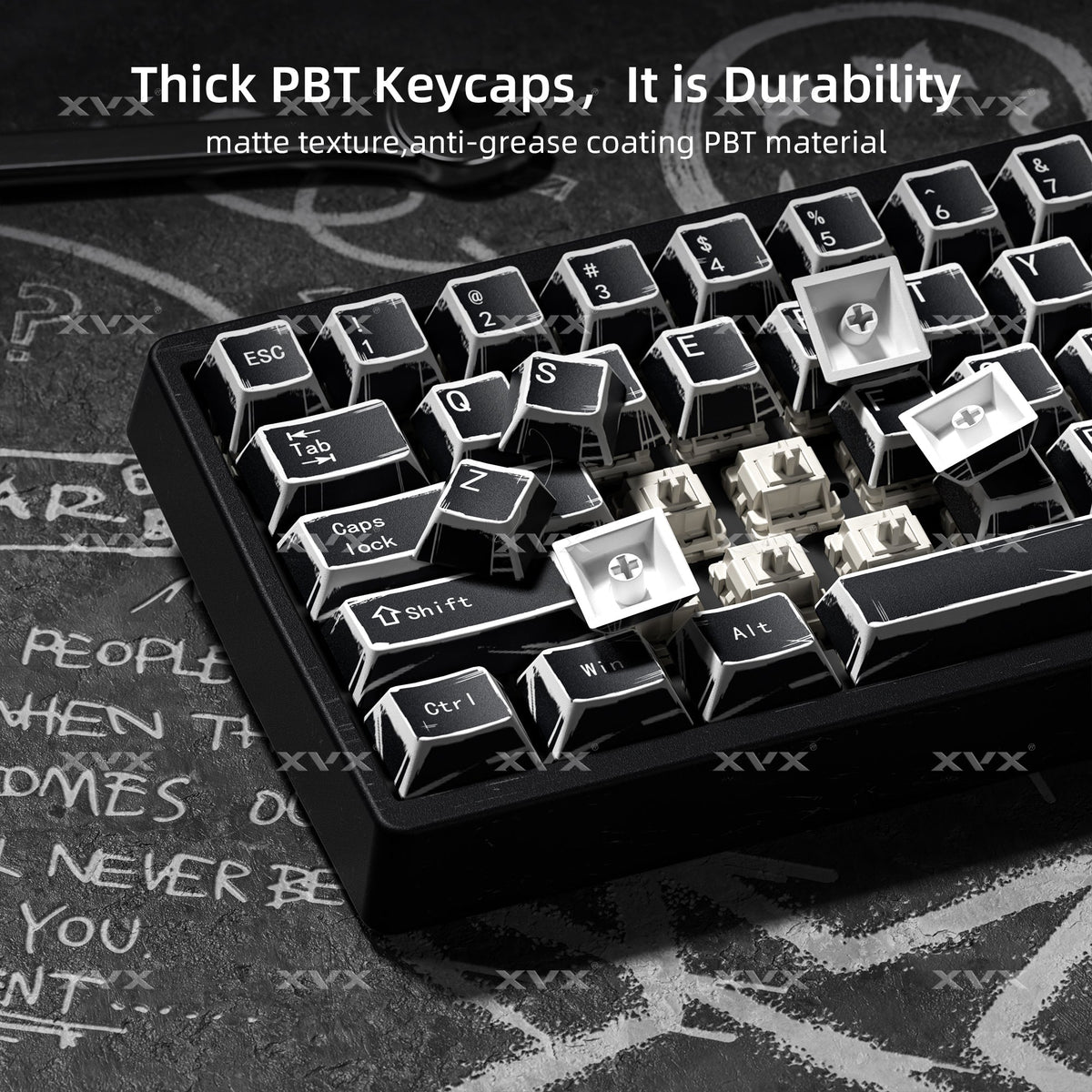 Matte PBT keycap set with black and silver cherry-profile keys, durable textured surface