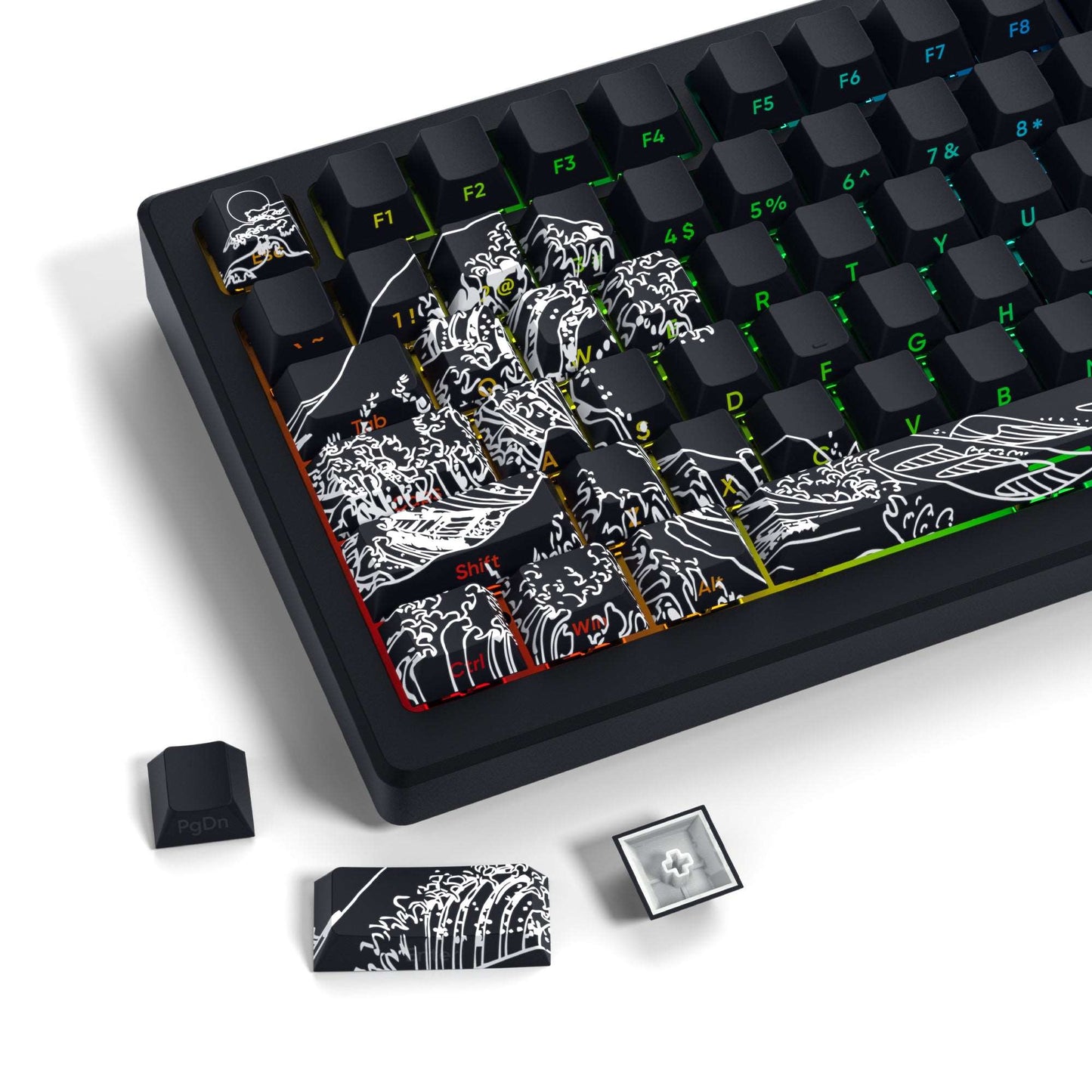 Black PBT keycap set, cherry profile keycaps with white wave artwork and side prints