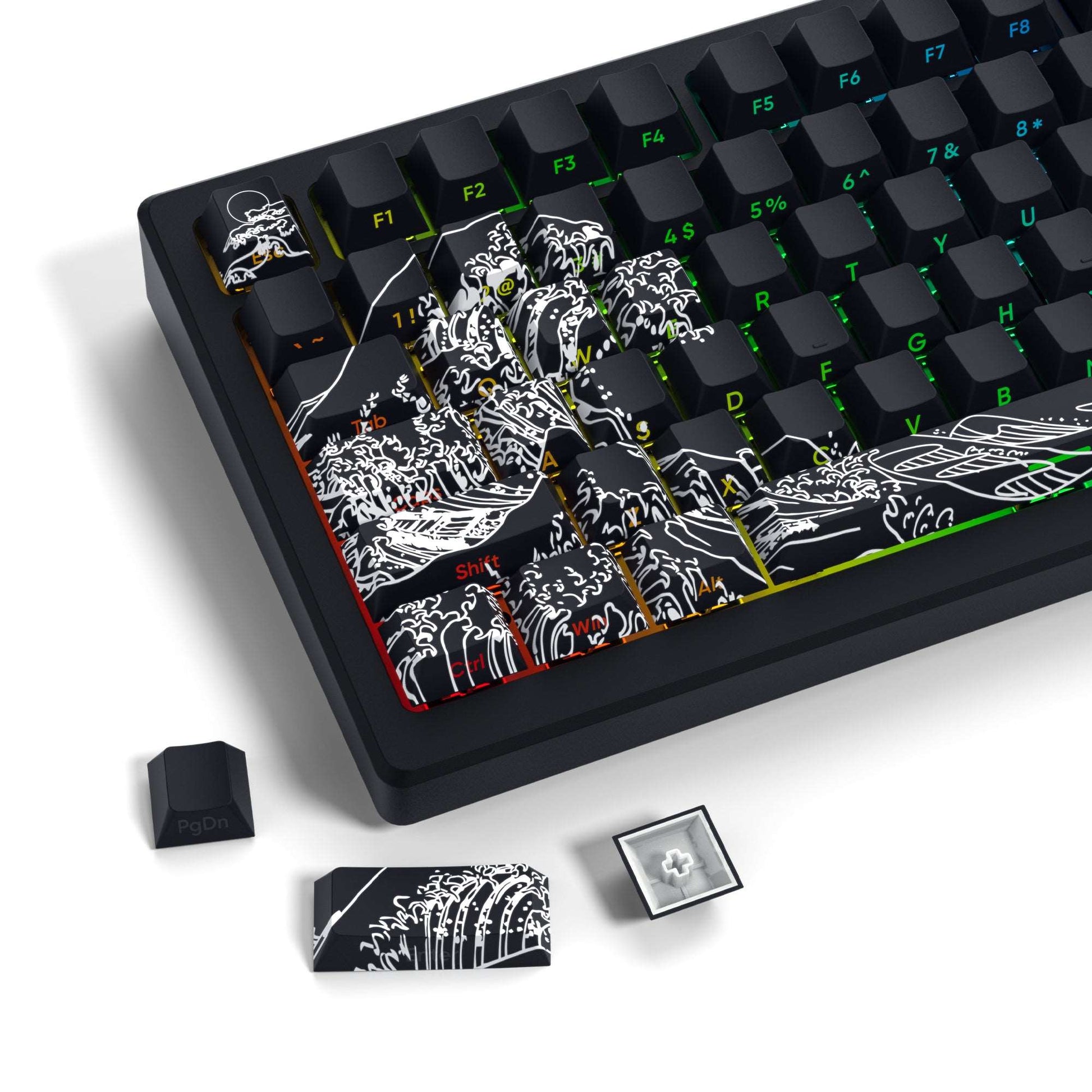 Black PBT keycap set, cherry profile keycaps with white wave artwork and side prints