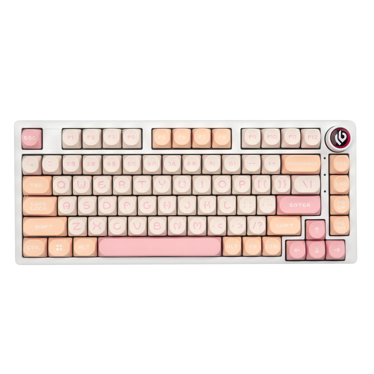 White base keycap set with pink accents and sculpted legends, includes rotary power key