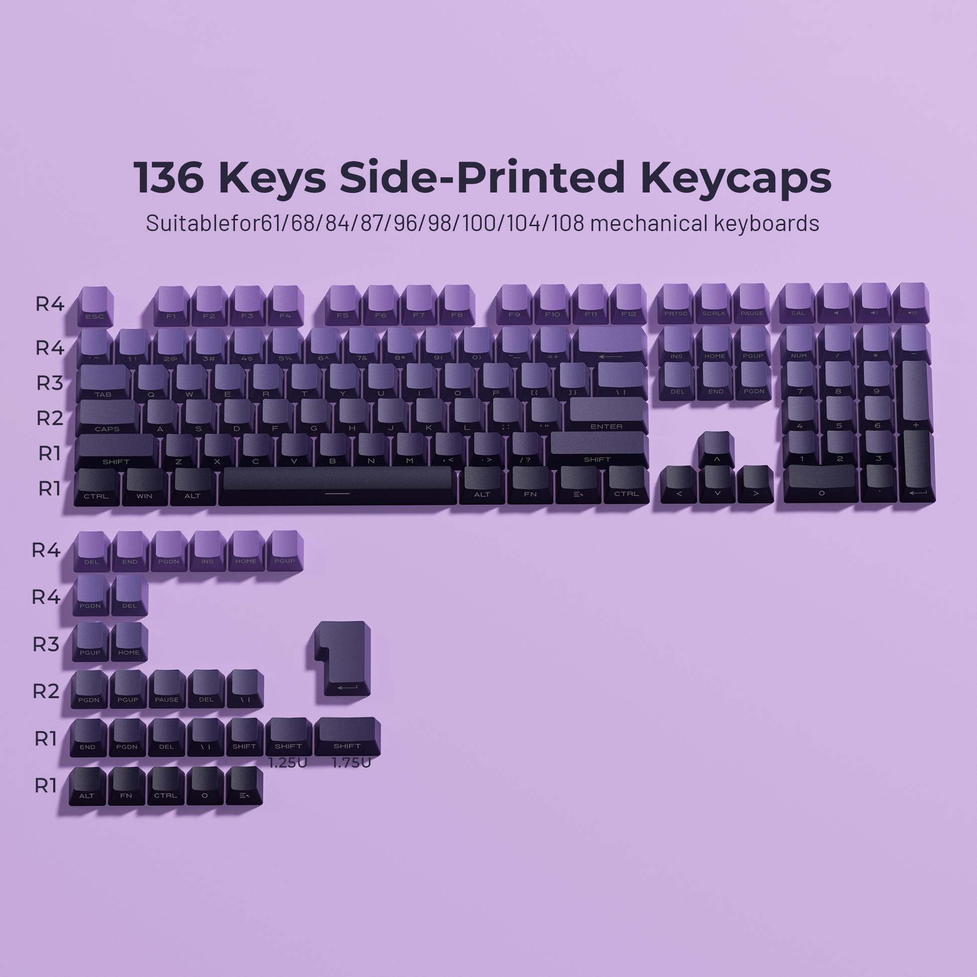 Purple gradient OEM profile keycaps with side-printed legends on dark key rows