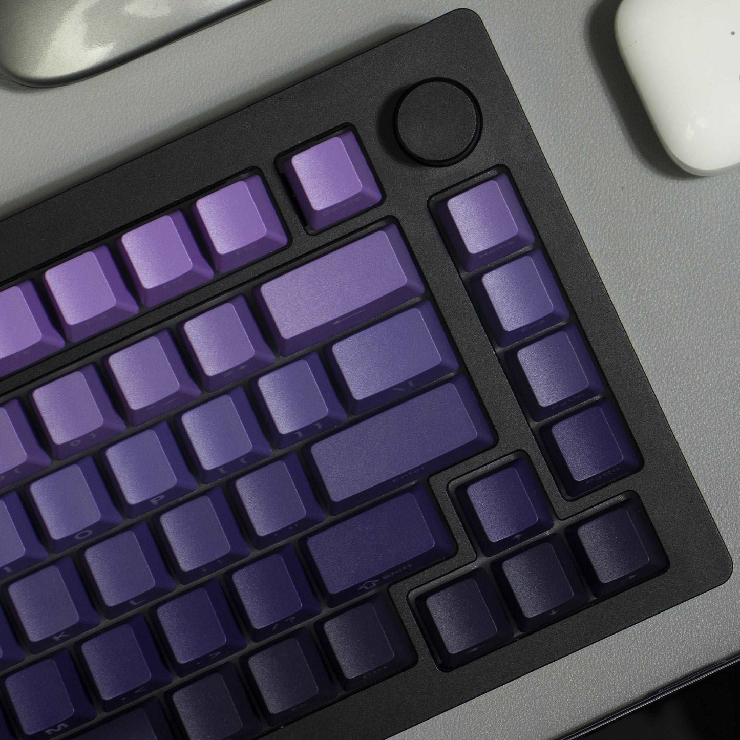 Purple gradient OEM profile keycap close-up with side-printed legends
