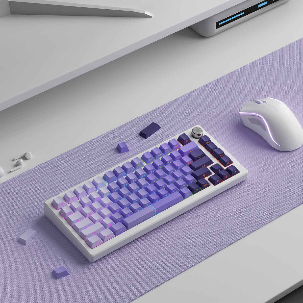 Mechanical keyboard with Cherry-profile PBT keycaps, cyan-to-violet gradient, 121 keys.