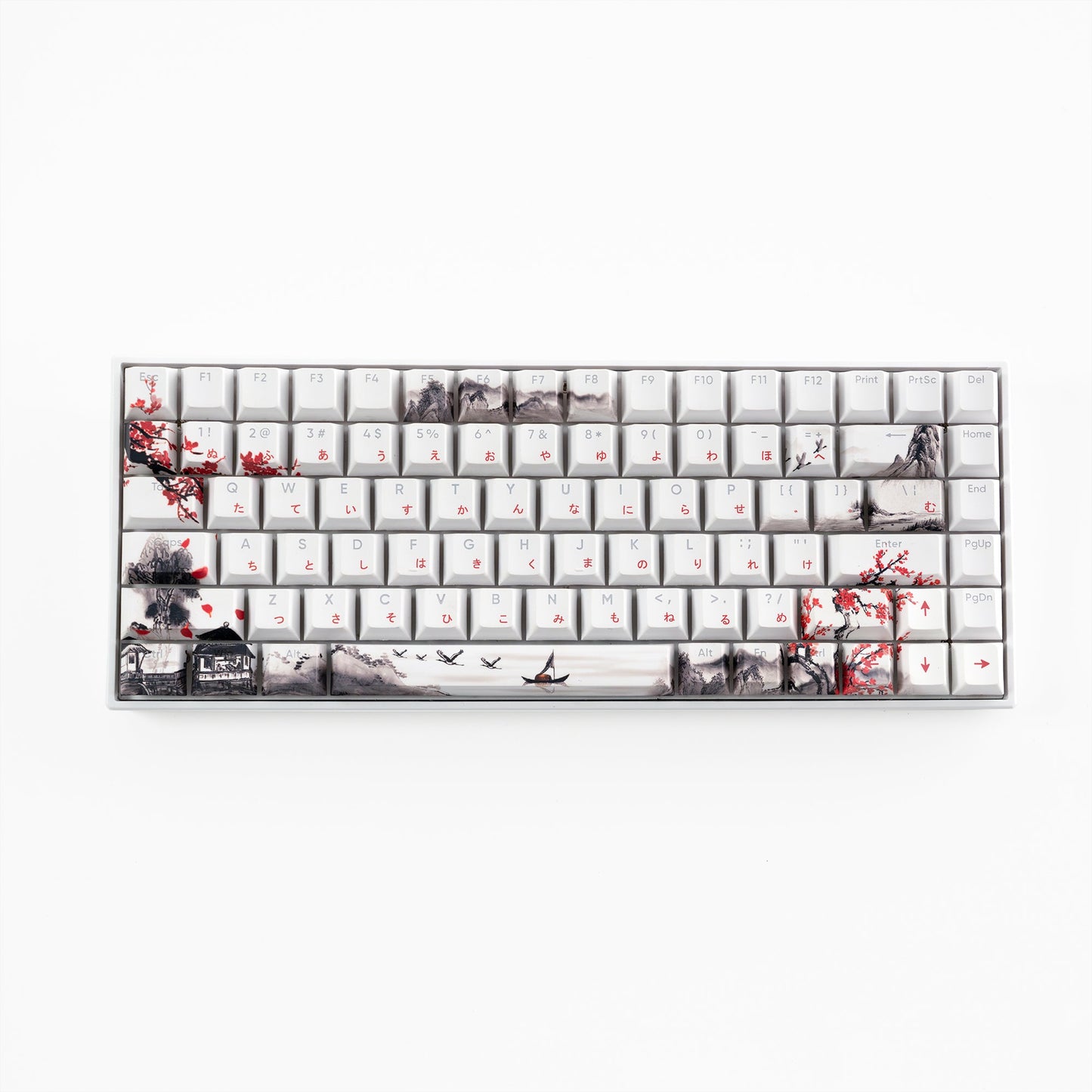 White Cherry-profile keycap set with cherry blossom and cityscape prints, full layout