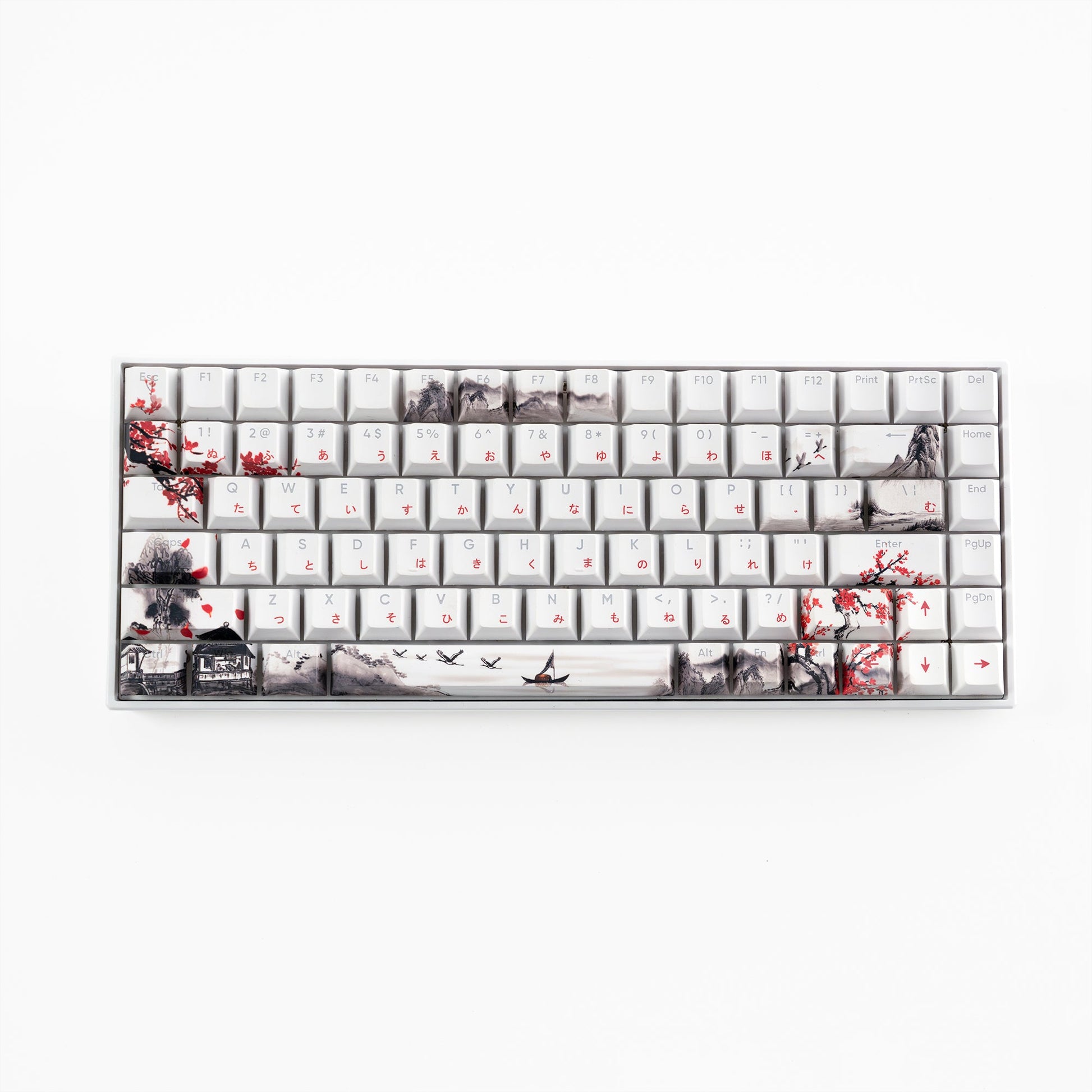 White Cherry-profile keycap set with cherry blossom and cityscape prints, full layout