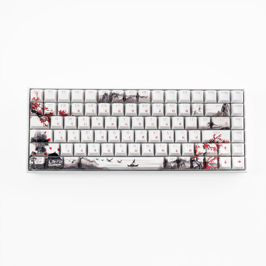 White Cherry-profile keycap set with cherry blossom and cityscape prints, full layout