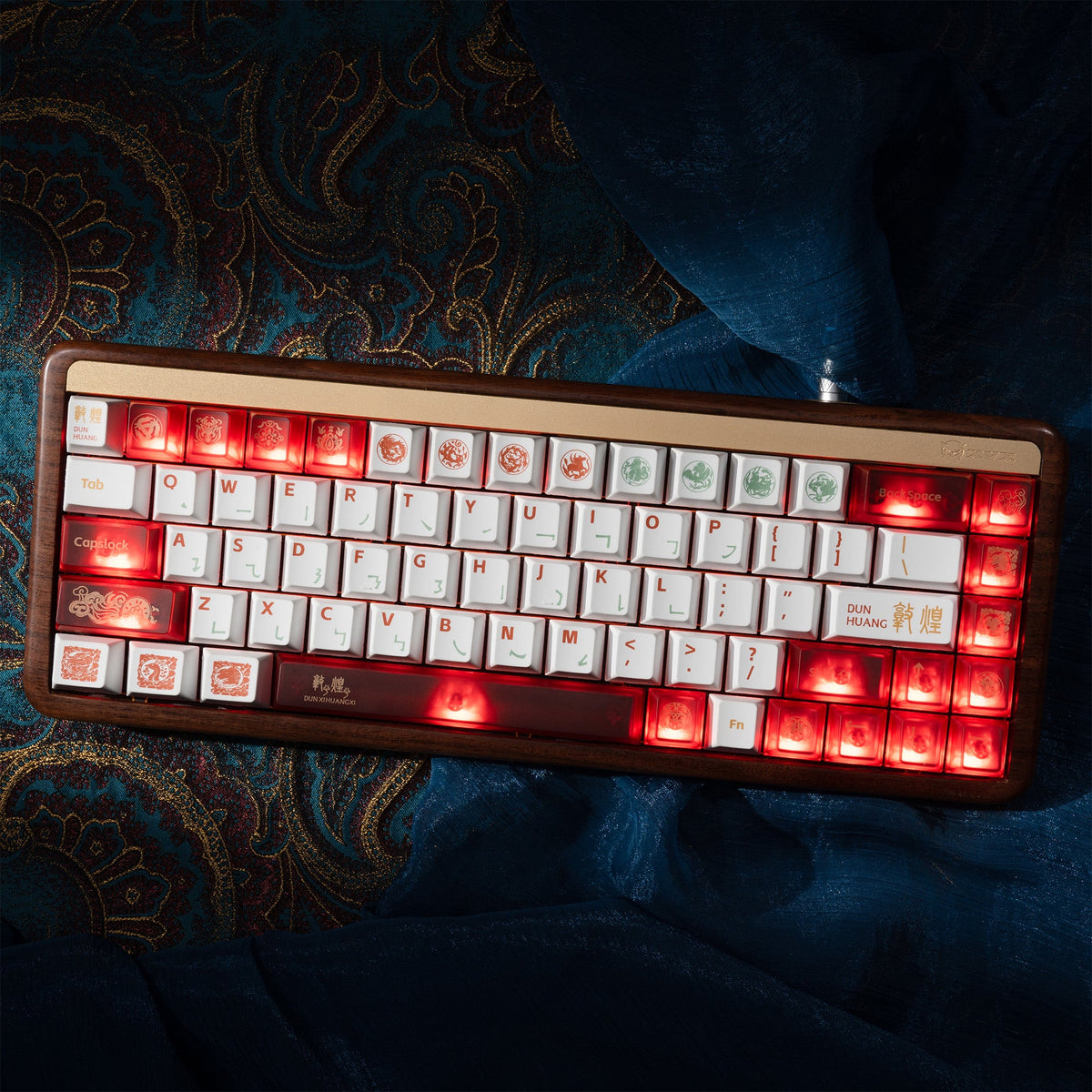 Cherry-profile keycap set with white keys and bright red backlighting across keys