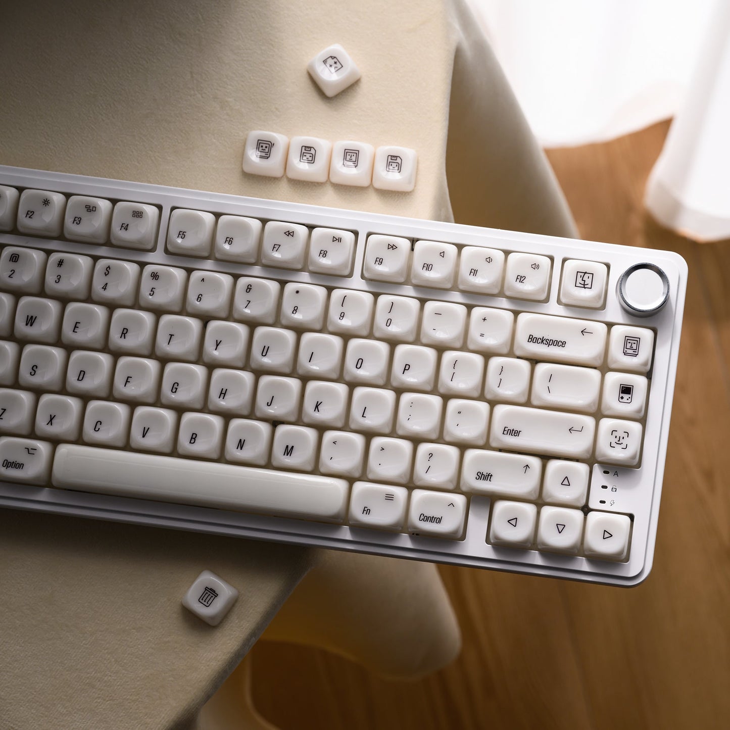 Translucent white keycaps with Japanese legends on a compact keyboard, Cherry-style caps