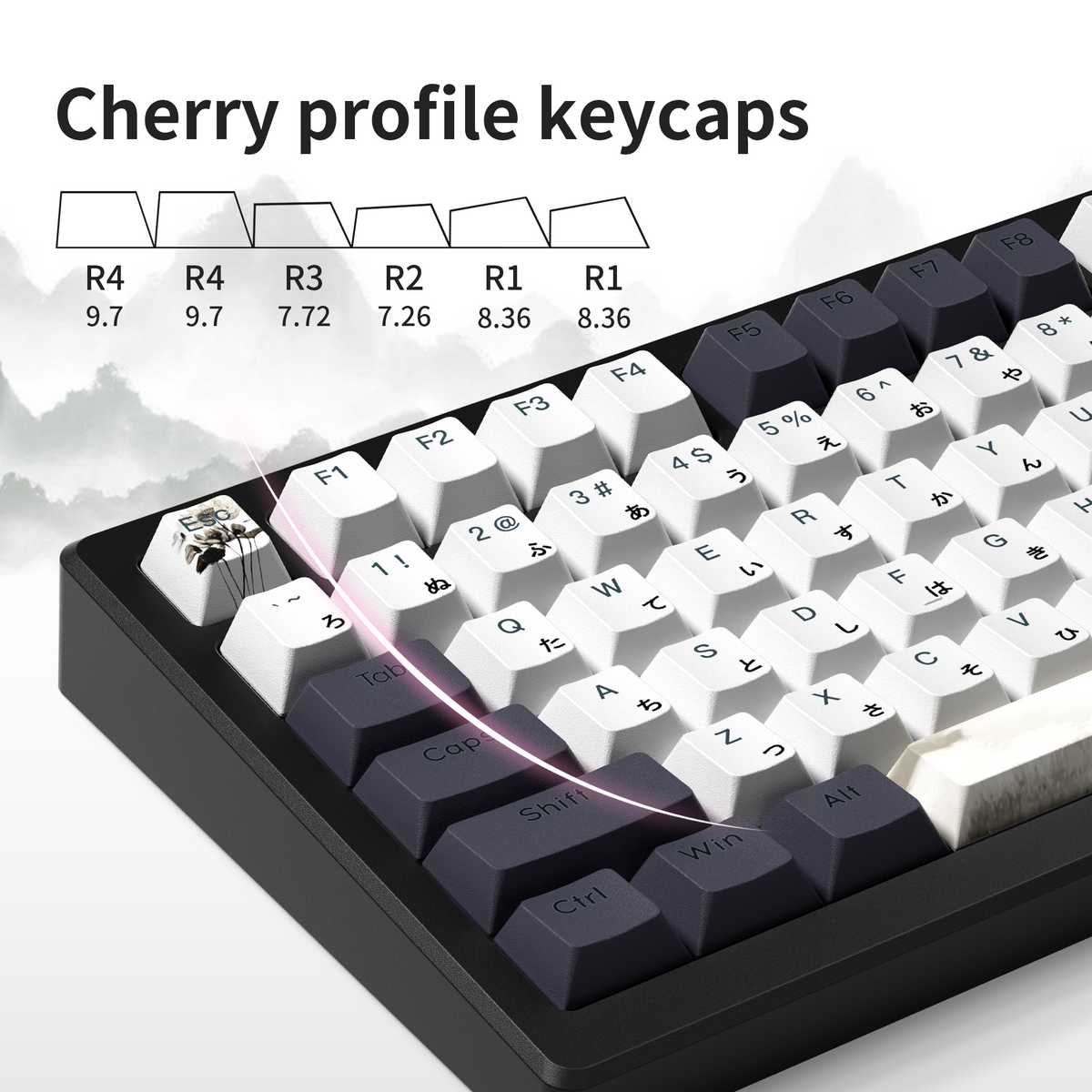 Cherry profile PBT keycaps with white and dark keys, lotus designs, and bright accent legends