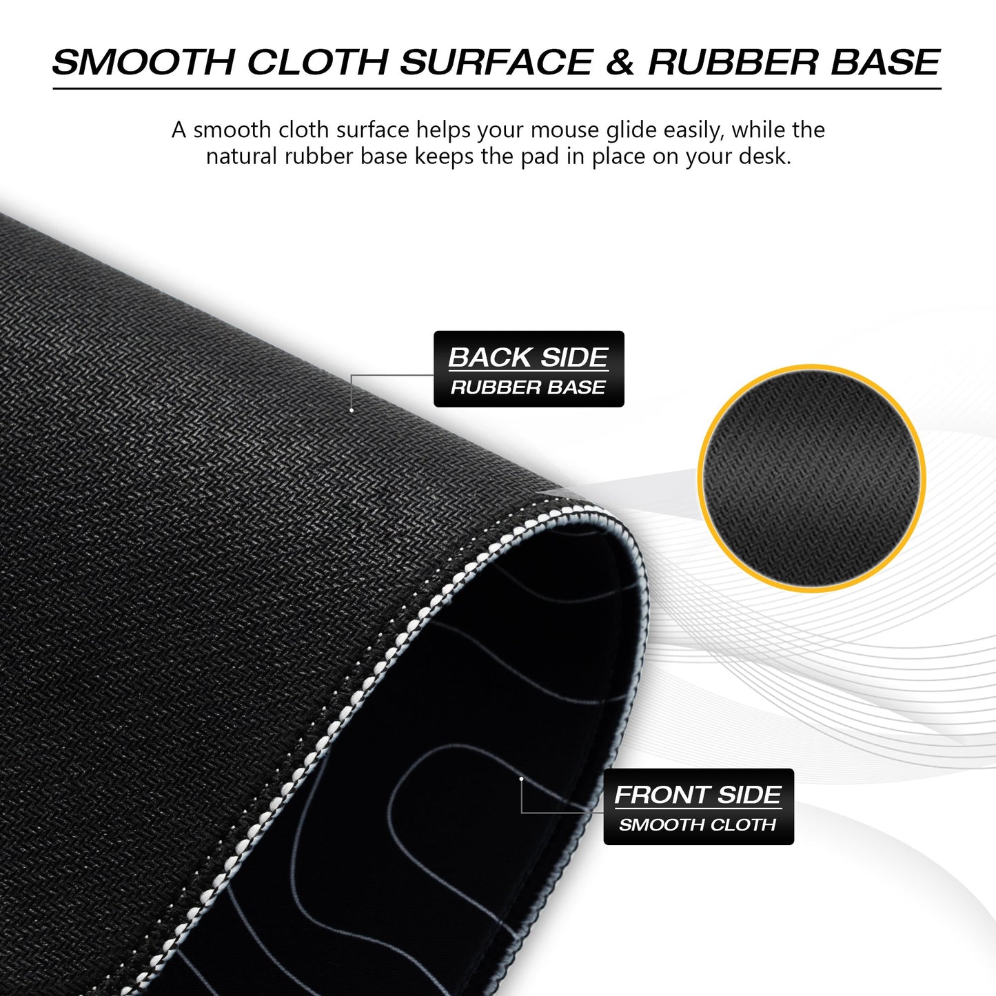 Black desk mat corner with stitched edge and fabric surface detail.