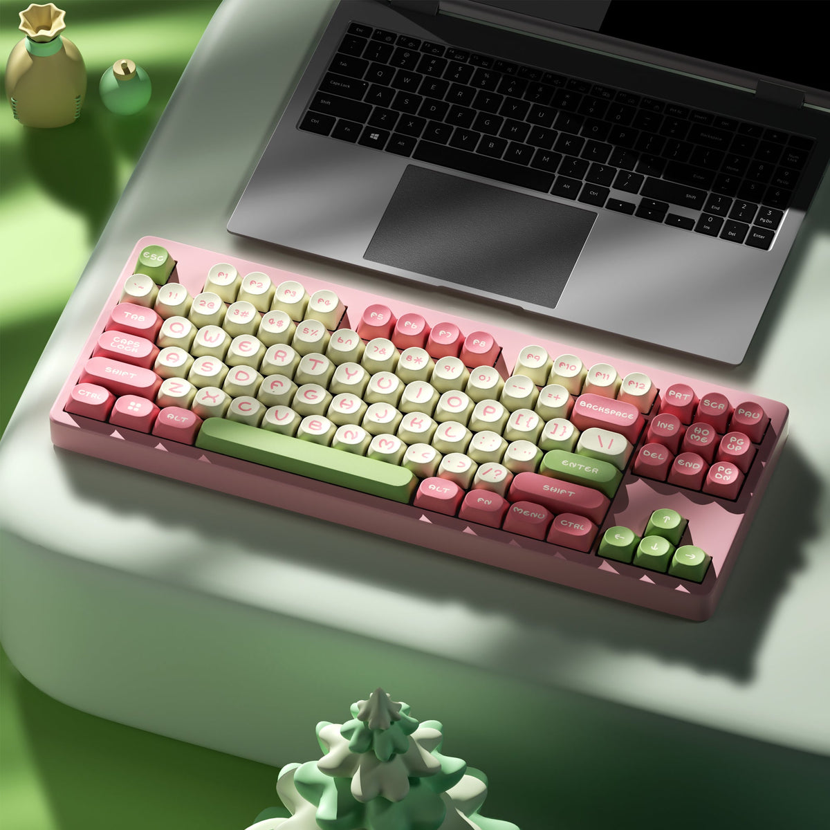 Pastel PBT keycap set with coral, cream, and green keycaps on a keyboard