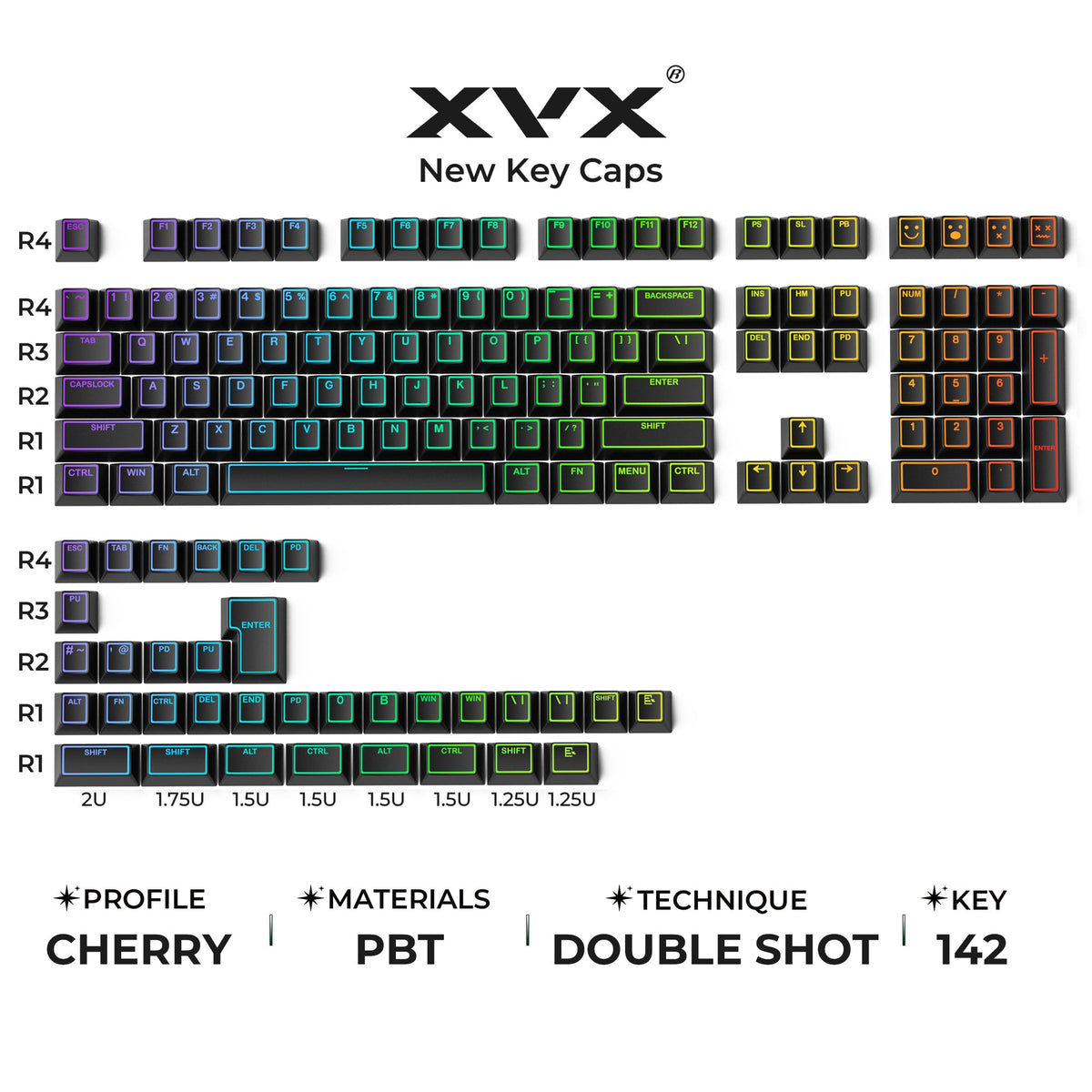 Cherry-profile PBT keycap set, dark multicolor keycaps with neon accents and shine-through legends.