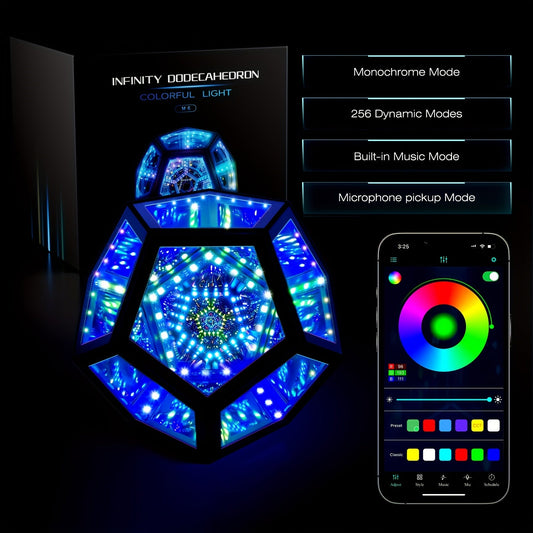 Infinity mirror dodecahedron lamp with blue LED glow and multicolor light tunnel center