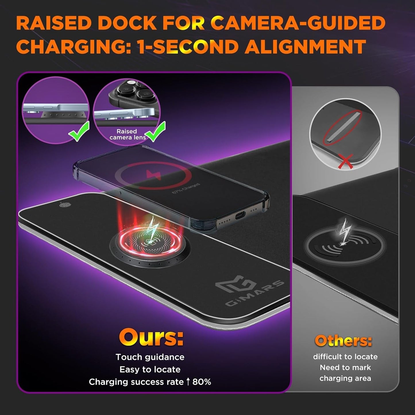 Black wireless charging dock on gaming mouse pad with raised alignment for phone