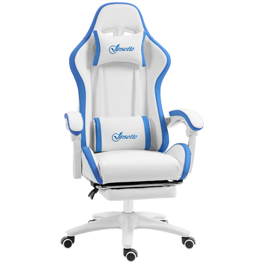 White and blue gaming chair with headrest, armrests, and rolling base