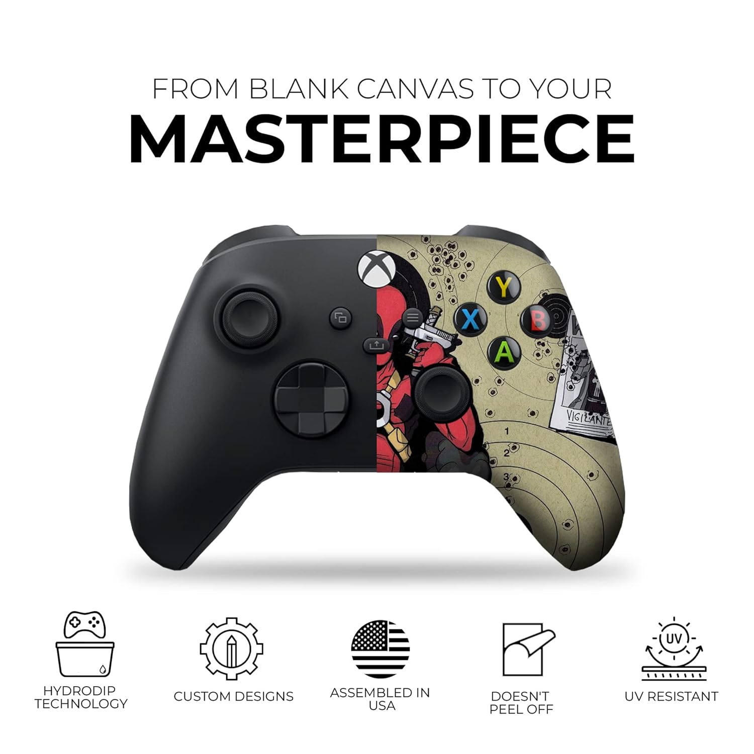 Black-and-beige Xbox controller with Deadpool comic artwork on the front grip