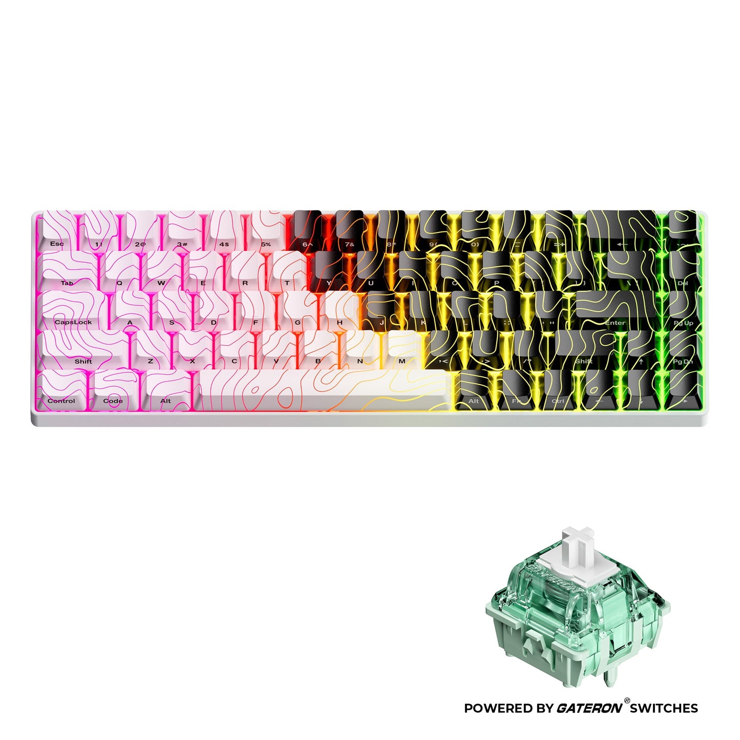 Gaming keyboard with multicolor gradient topographic keycaps and included clear green magnetic switch