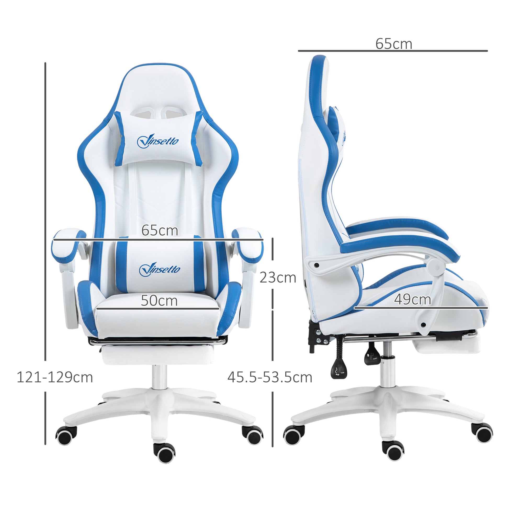 Blue and white gaming chair with footrest and armrests, side view with dimensions
