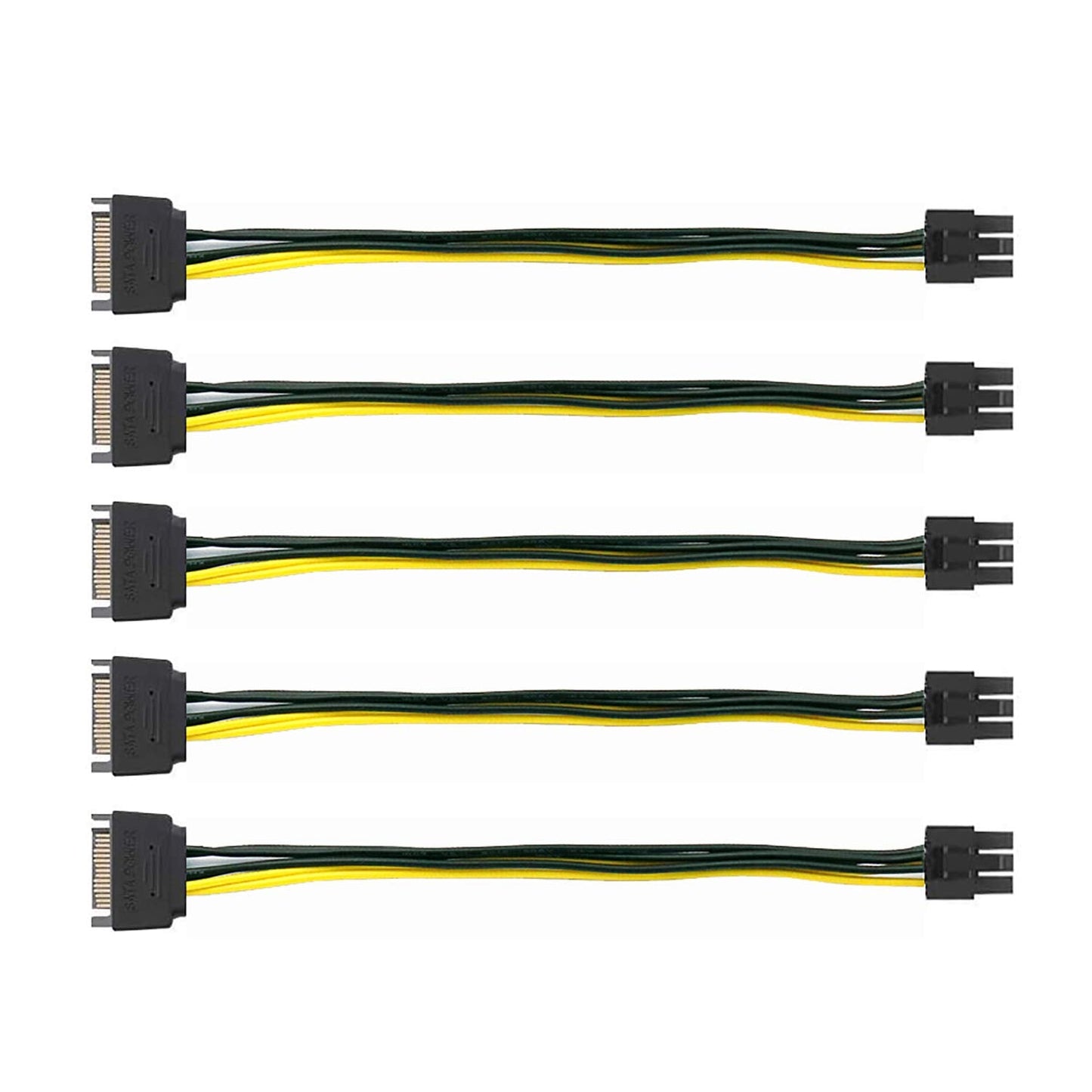 PCIe 6-pin female to SATA 15-pin male adapter cable set, 20cm, 5-pack