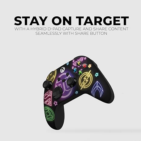 Xbox Series X controller with neon DC Comics emblems, lightning, and colorful buttons