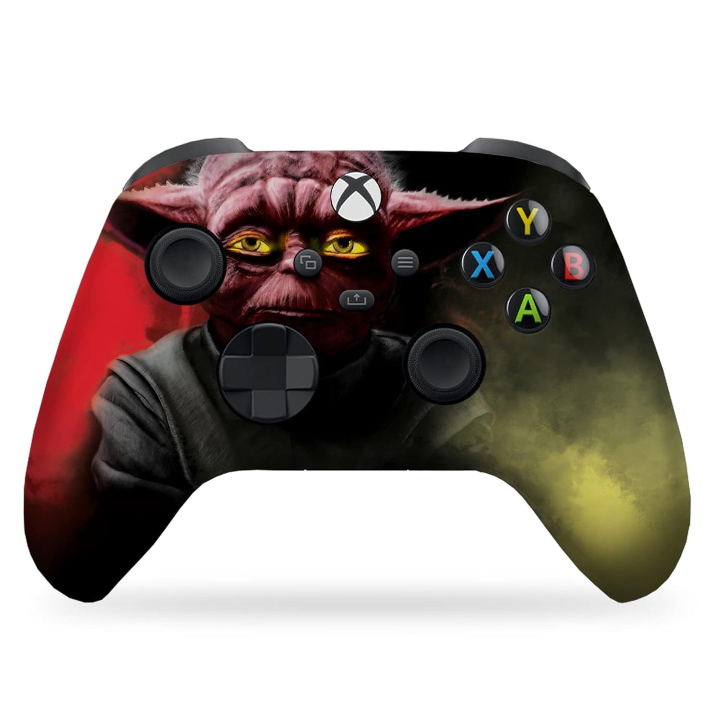 Xbox Series X controller with red-to-green Darth Yoda face hydrographic graphic