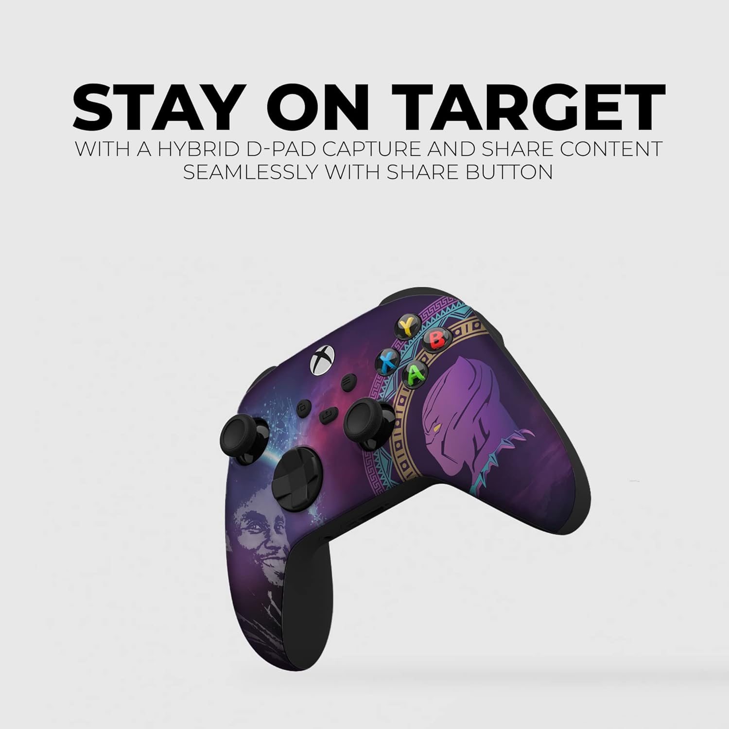 Purple Xbox controller with galaxy print and panther face artwork, angled view showing buttons