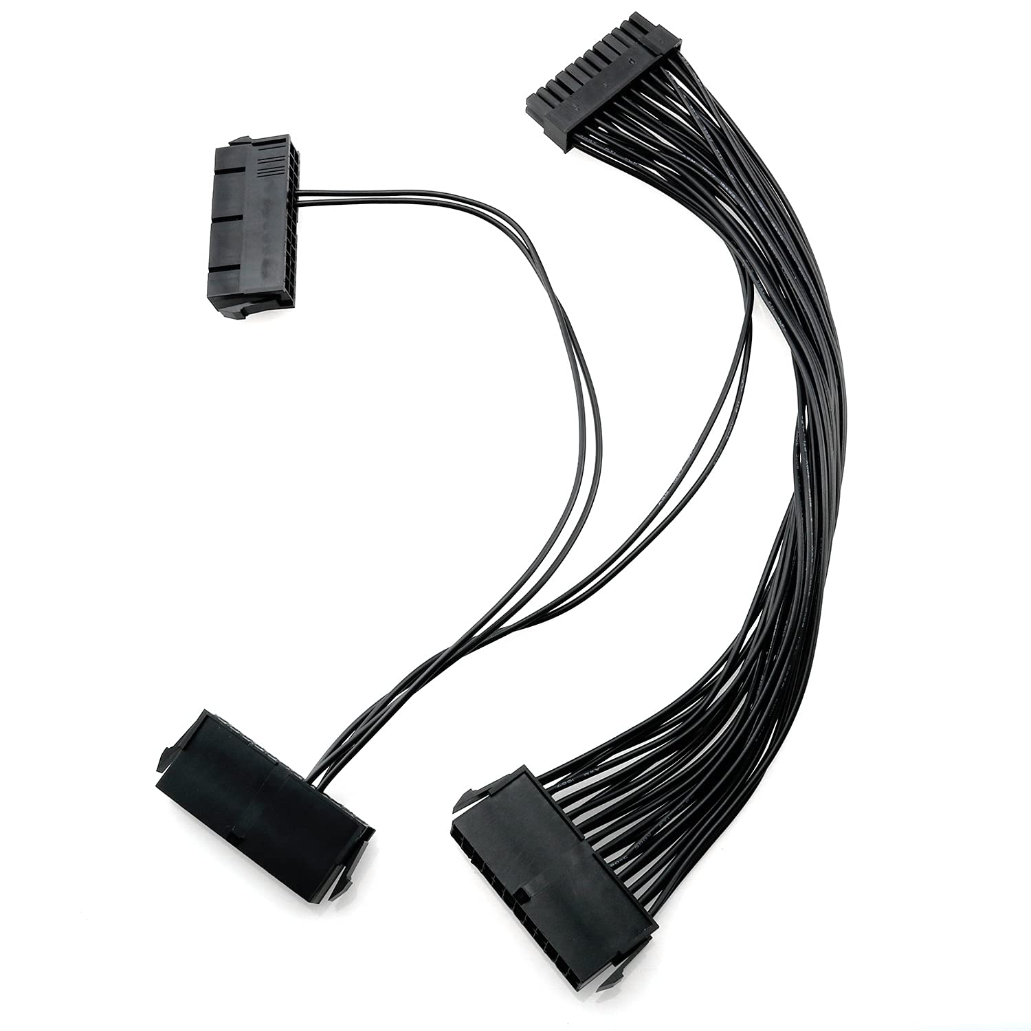Dual PSU power supply extension cable with three black ATX power connectors, 30cm