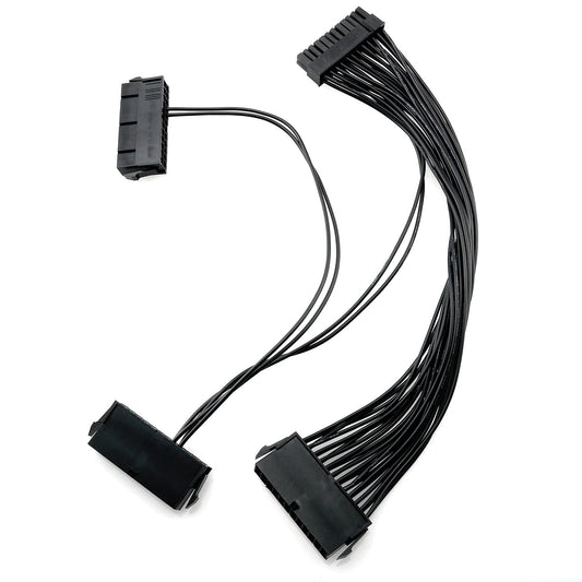 Dual PSU power supply extension cable with three black ATX power connectors, 30cm