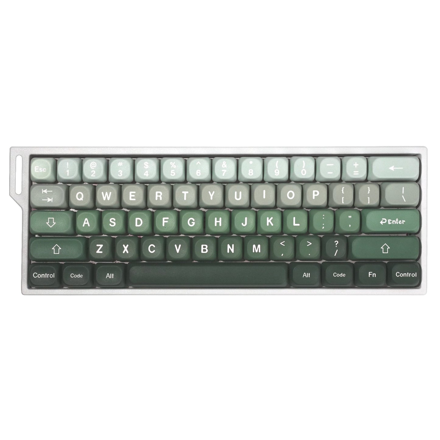 Gray-green PBT keycap set in clear tray, full key row visible
