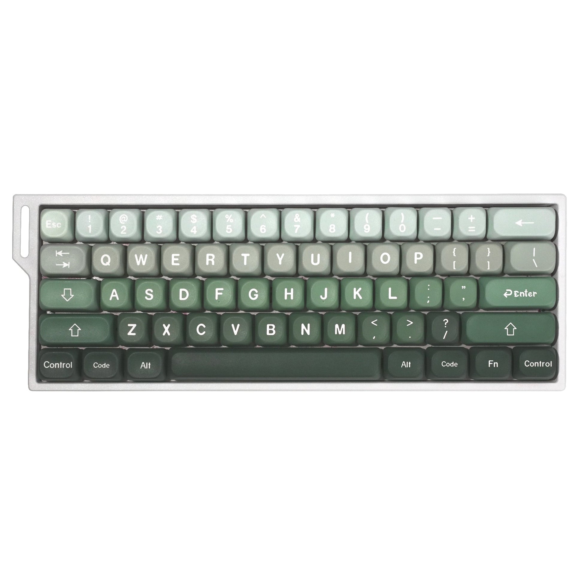 Gray-green PBT keycap set in clear tray, full key row visible