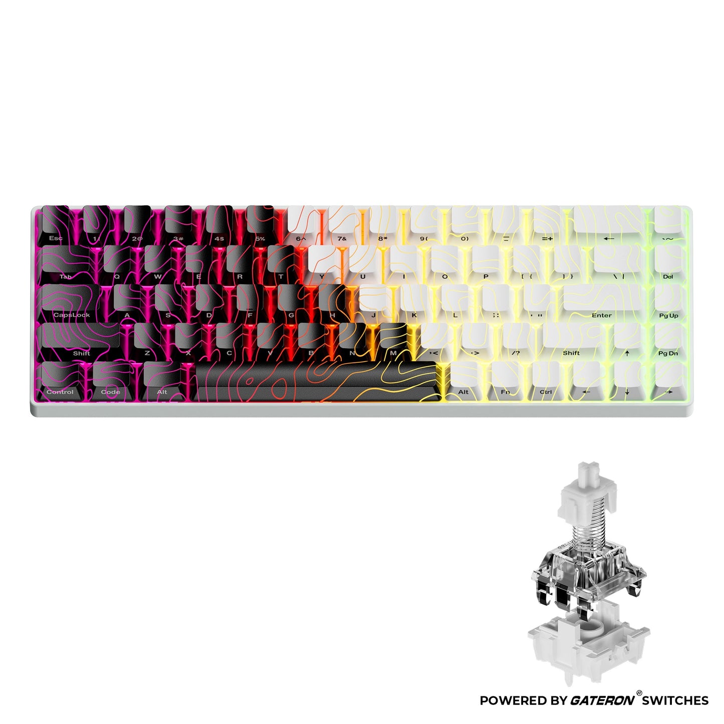 Gaming keyboard with black and neon gradient topographic keycaps and clear white magnetic switch