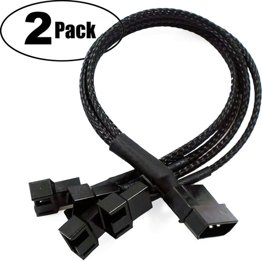 PC case fan adapter cable splitter, braided black, Molex 4-pin to 4-pin 12V, 2-pack