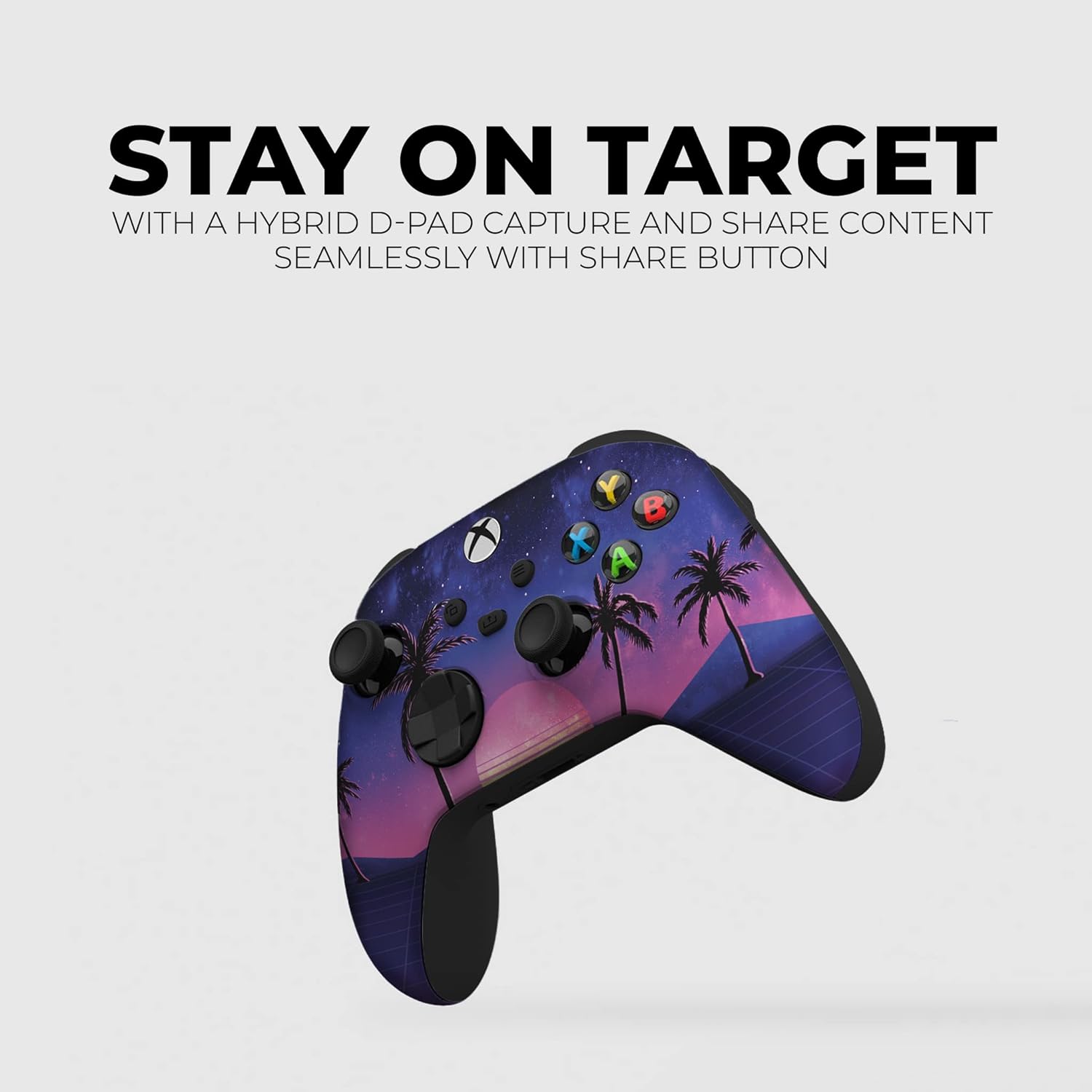 Xbox Series X controller with palm silhouettes and sunset grid graphic on front