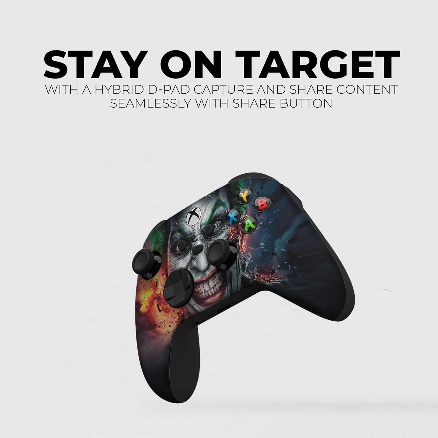 Xbox Series X controller angled view with joker face graphic and ABXY buttons