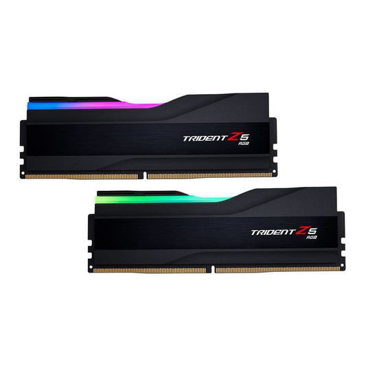 Black DDR5 desktop RAM kit with RGB Trident Z5 heatspreaders, purple and green glow