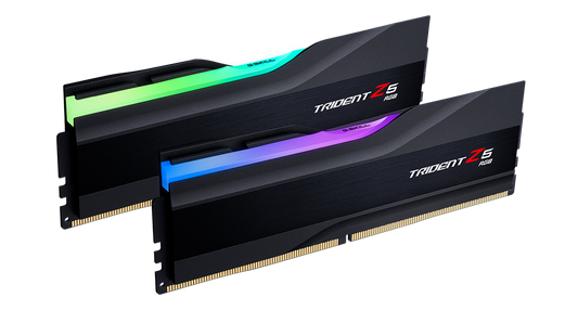 Black DDR5 desktop RAM kit with RGB Trident Z5 heatspreaders, green and blue lighting