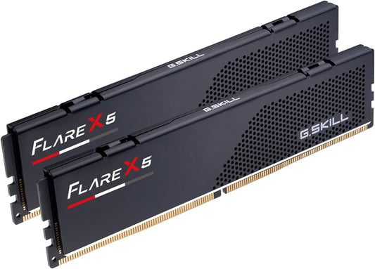 DDR5 desktop memory kit with two black Flare X5 RAM sticks, perforated heatsink