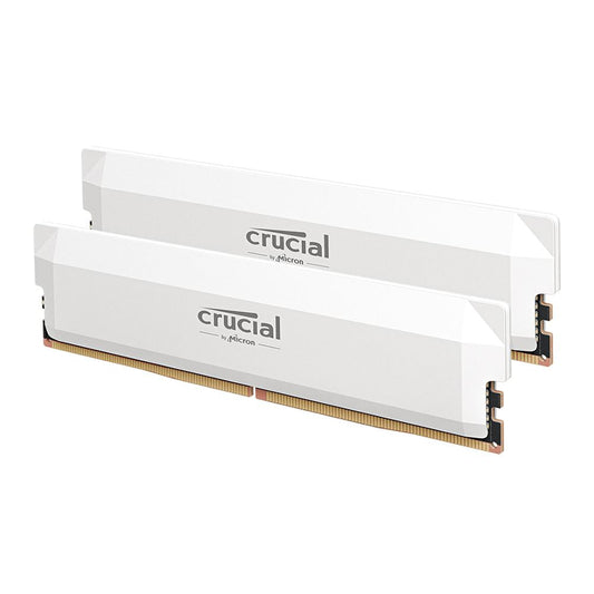 White DDR5 UDIMM desktop memory kit with two Crucial modules and silver heat spreaders