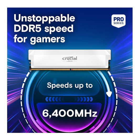 White Crucial DDR5 UDIMM memory module shown on a promotional graphic background