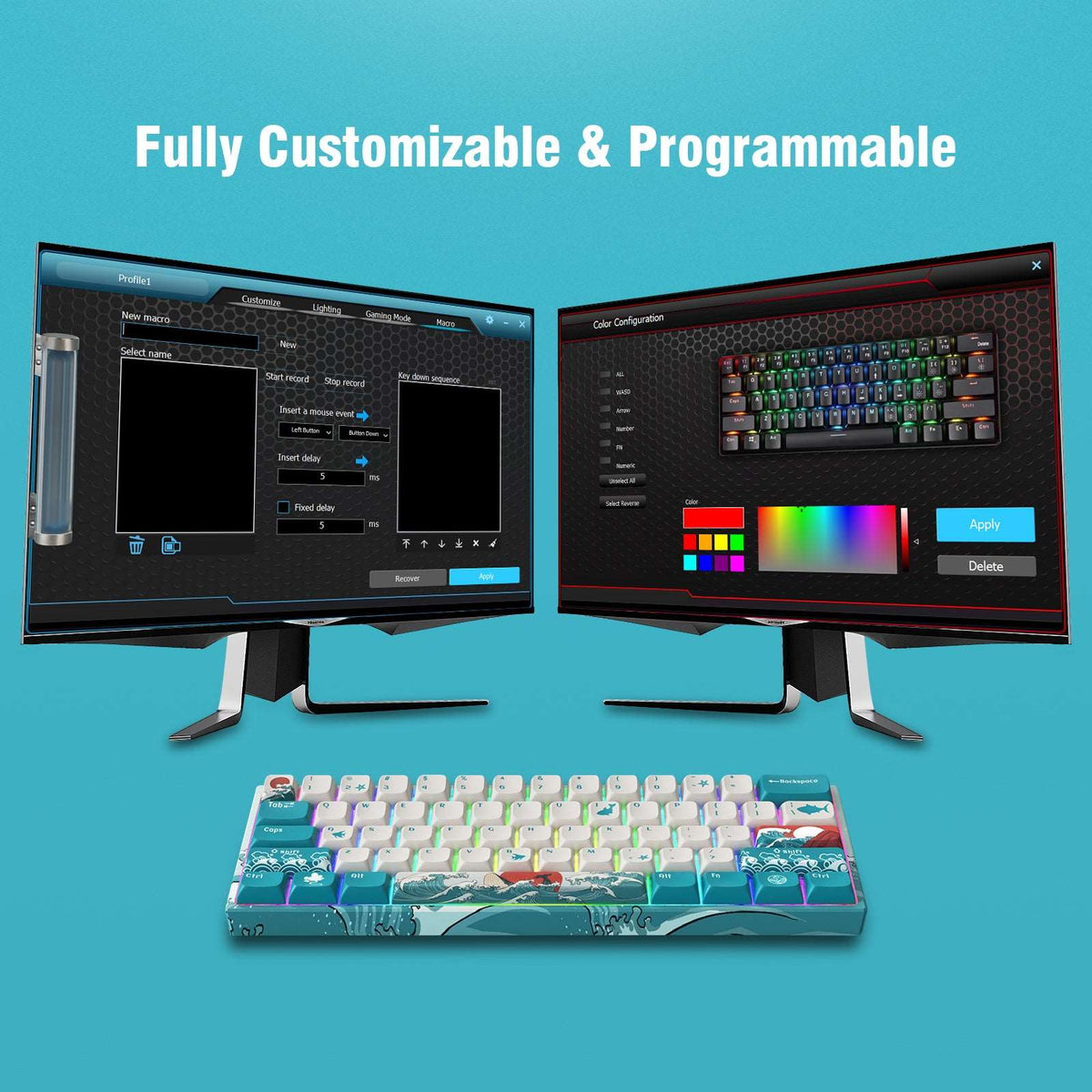 Programmable 61-key mechanical keyboard with wave-themed keycaps and interface screens