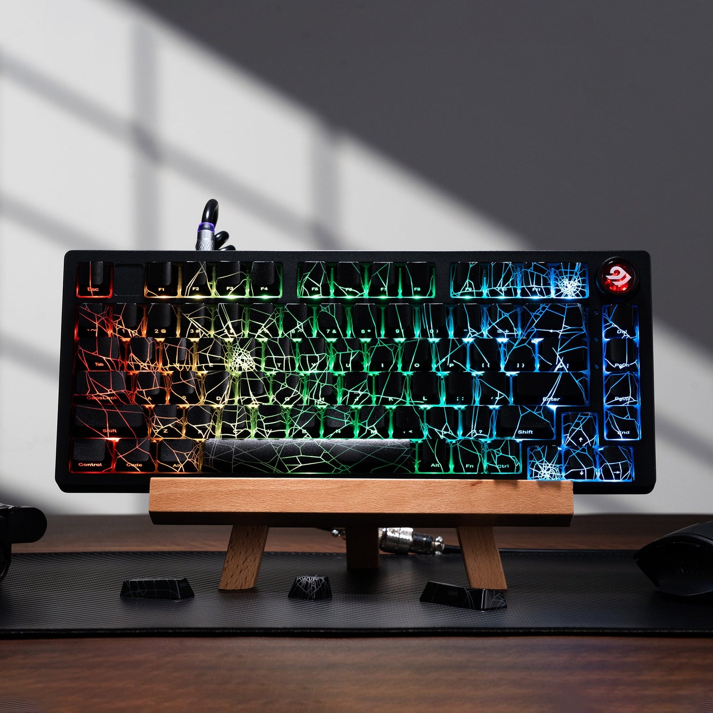118-key keycap set with spider-web shine-through, rainbow backlit keys