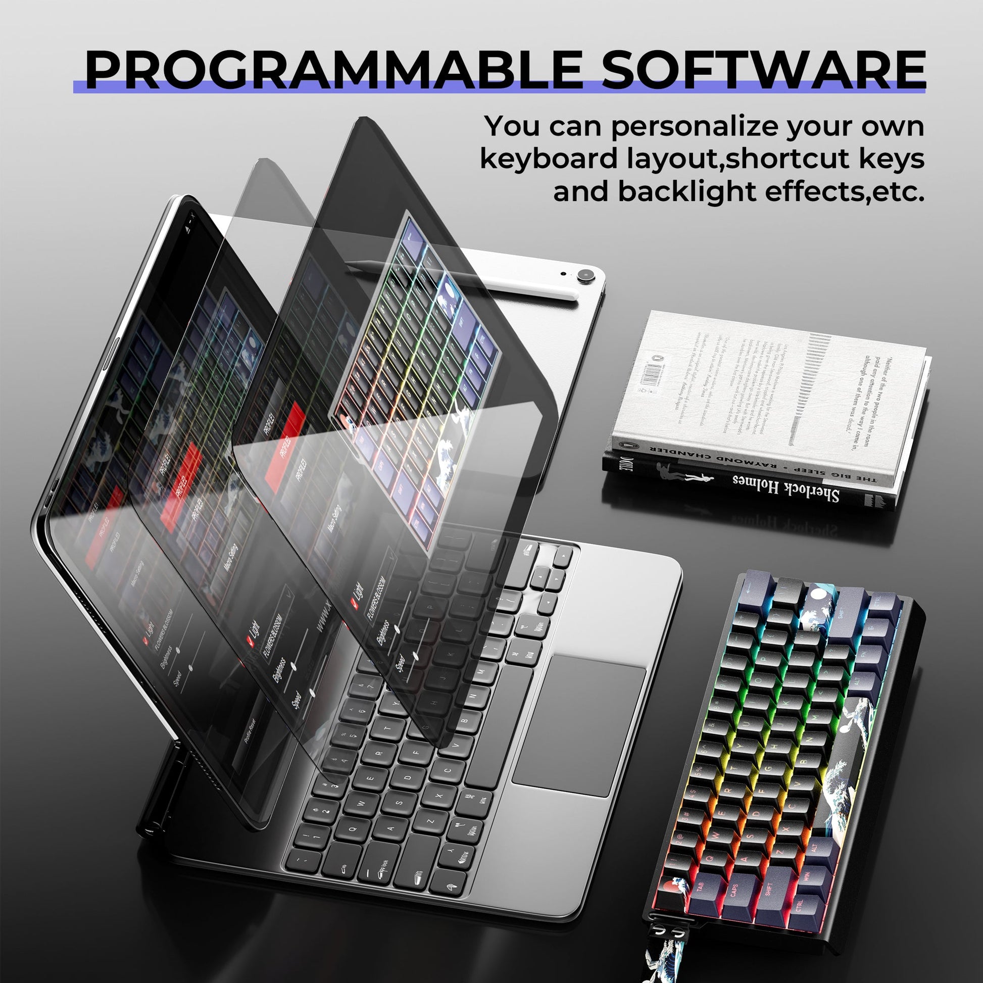 Programmable RGB mechanical keyboard with multicolor backlit keys, tilted close-up