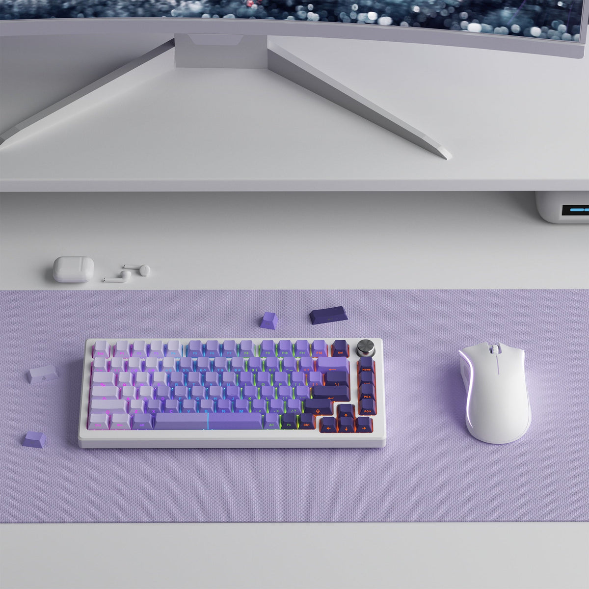 Mechanical keyboard with Cherry-profile PBT keycaps, multicolor blue-violet gradient, 121 keys.